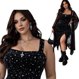 Black Velvet Dress Womens 4XL Star‎ Print Ruched Midi Slit Whimsigoth Party
